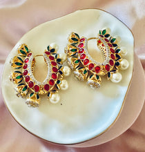 Load image into Gallery viewer, Ruby/green earrings w pearl setting
